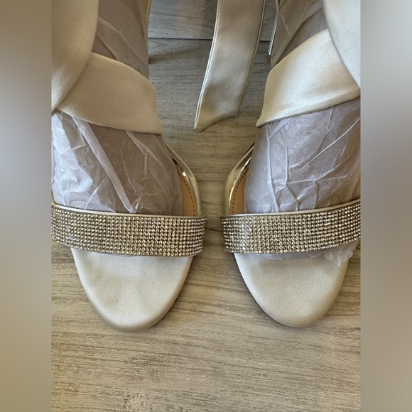 Gianni Bini Cream Satin Heels with Rhinestone Strap - Picture 2 of 14
